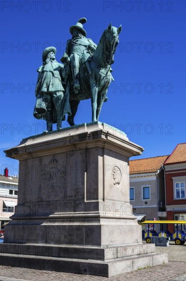 Equestrian statue of Karl X Gustav and statue of Erik Jonsson Count of Dahlberg by sculptor Theodor Lundberg on Kungstorget (market square) in Uddevalla, Bohuslän, Västra Götalands län, Sweden, for editorial use only