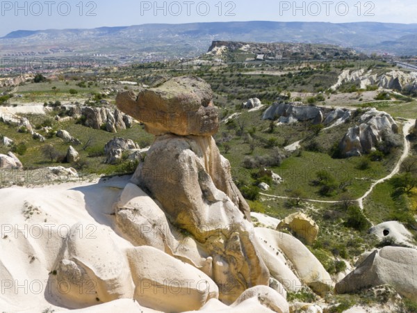 Large rock formation in a green and hilly landscape, aerial view, fairy chimneys near Ürgüp, Göreme National Park, Göreme Tarihî Millî Parki, Nevsehir province, Nevsehir, Cappadocia, Cappadocia, Kapadokya, Cappadocia, Central Anatolia, Turkey
