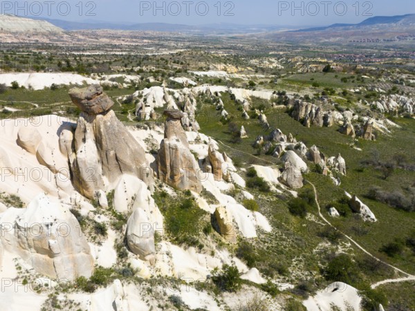 Rock formations and green areas in a hilly landscape with a wide view, aerial view, fairy chimneys near Ürgüp, Göreme National Park, Göreme Tarihî Millî Parki, Nevsehir Province, Nevsehir, Cappadocia, Cappadocia, Kapadokya, Cappadocia, Central Anatolia, Turkey