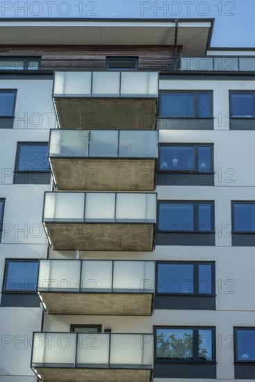 Balconys on apartment building built in 2020 in Ystad, Skåne County, Sweden, Scandinavia
