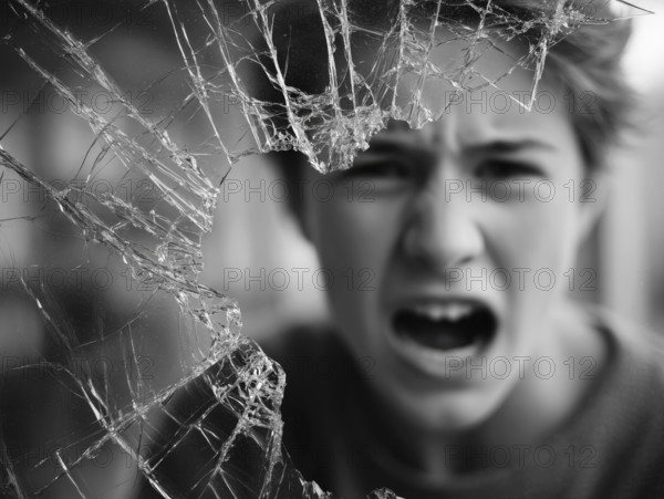 Ein Teenager schreit wütend durch eine kaputte Fensterscheibe, Aggressives Verhalten, Psychologie, Stressverhalten, Pubertät, Sozialverhalten, KI generiert