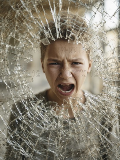 Ein Junge schreit wütend durch eine kaputte Fensterscheibe, Aggressives Verhalten, Psychologie, Stressverhalten, Pubertät, Sozialverhalten, KI generiert