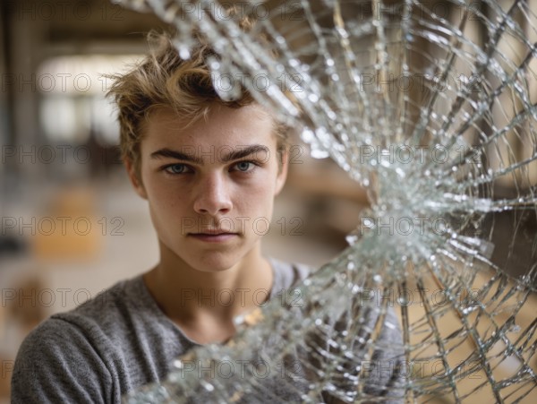 Ein Teenager schaut wütend durch eine kaputte Fensterscheibe, Aggressives Verhalten, Psychologie, Stressverhalten, Pubertät, Sozialverhalten, KI generiert