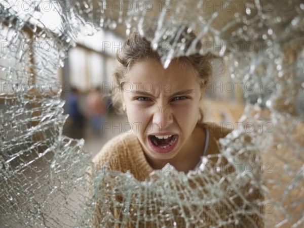 Ein Mädchen schreit wütend durch eine kaputte Fensterscheibe, Aggressives Verhalten, Psychologie, Stressverhalten, Pubertät, Sozialverhalten, KI generiert