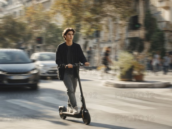 Ein Teenager nimmt mit einem E-Scooter am öffentlichen Straßenverkehr in einer Stadt teil, Unfallgefahr, KI generiert