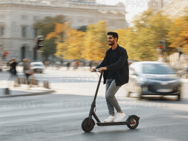 Ein junger Mann nimmt mit einem E-Scooter am öffentlichen Straßenverkehr in einer Stadt teil, Unfallgefahr, KI generiert