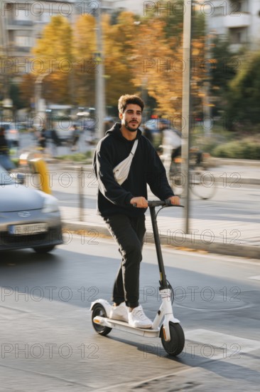 Ein junger Mann nimmt mit einem E-Scooter am öffentlichen Straßenverkehr in einer Stadt teil, Unfallgefahr, KI generiert