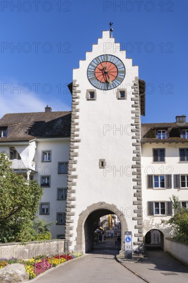 The historic town gate, lower gate in the old town of Stein am Rhein with ornately decorated clock face, Canton of Schaffhausen, Switzerland