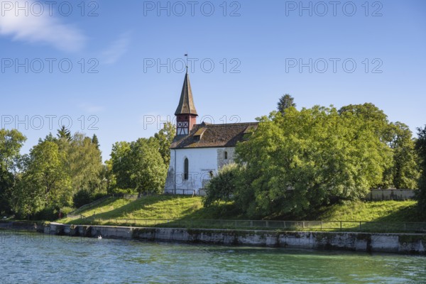 View over the Rhine, Hochrhein to the Wagenhausen provostry at the former Allerheiligen monastery, Canton Thurgau, Switzerland