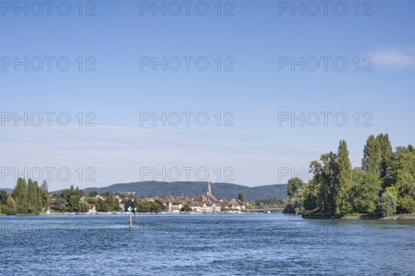 View over the Rhine, Hochrhein, on the horizon the town of Stein am Rhein, Canton Schaffhausen, Switzerland