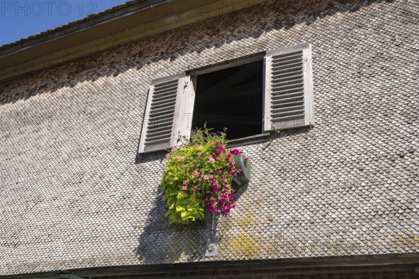 Façade covered with wooden shingles with floral decorations under the window, close-up of the historic wooden bridge over the Rhine connecting the German municipality of Gailingen and the Swiss municipality of Diessenhofen, Canton Thurgau, Switzerland