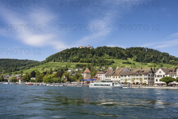 View across the Rhine to the old town of Stein am Rhein with Hohenklingen Castle, Canton Schaffhausen, Switzerland