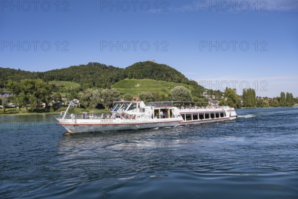 Excursion ship, passenger ship, excursion boat MS Munot of the Swiss Navigation Company Untersee and Rhine on the High Rhine near Stein am Rhein, Canton Schaffhausen, Switzerland