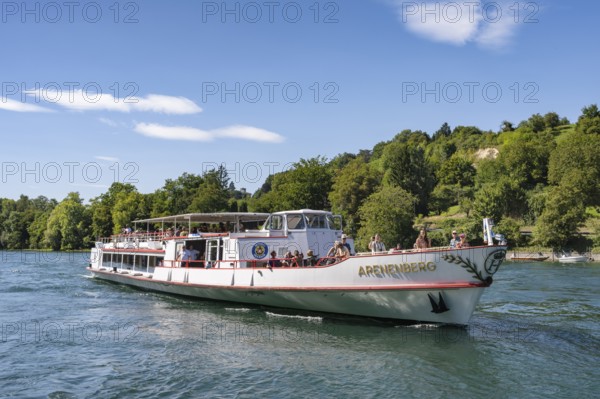 Excursion ship, passenger ship, excursion boat MS Arenenberg of the Swiss Shipping Company Untersee and Rhine shortly in front of docking on the banks of the Rhine at Diessenhofen, Canton Thurgau, Switzerland
