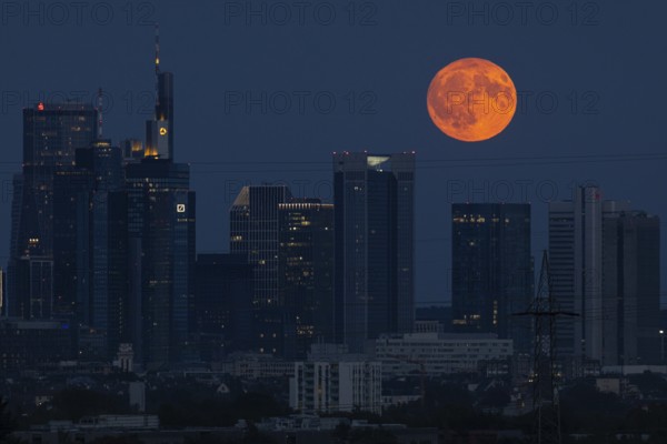The full moon passes over the Frankfurt banking skyline, Frankfurt am Main, Hesse, Germany
