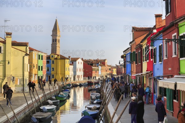 Strollers along the canal, typical street scene in winter, campanile of the church of San Martino, colourful facades of the fishermen's houses in Burano, island in the lagoon of Venice, Italy