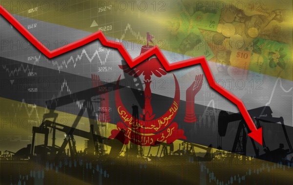 Petrol crisis with Brunei flag on financial graph. Fall oil price with flag of Brunei on economic chart