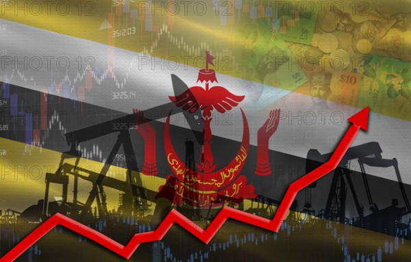 Oil production with Brunei flag, petrol industry. Oil pumps with Brunei flag
