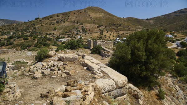 Ancient ruins in a hilly landscape with vegetation and clear skies, Panagia tou Paleokastro, Church of the Old Fortress, Chapel, Panagia Kasteli, Lepides, Leros, Dodecanese, Greek Islands, Greece