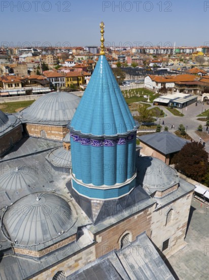 Close-up of a blue dome with elaborate mosaics in the centre of the city, aerial view, Mevlânâ Museum, Mevlana, landmark, Mausoleum of Mevlânâ Jalal ad-Din Rumi, Konya, Central Anatolia, Turkey