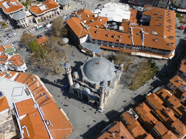 Centrally located mosque with red roofs, lively cityscape from a bird's eye view, aerial view, Aziziye Camii, Konya, Central Anatolia, Turkey