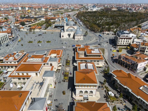 Bird's eye view of town square and surrounding buildings with characteristic red roofs, aerial view, pedestrian zone, Mevlânâ Museum, Mevlana, landmark, Mausoleum of Mevlânâ Dschalal ad-Din Rumi, Konya Sultan Selim Camii, Konya, Central Anatolia, Turkey