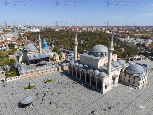 Large mosque with spacious square and numerous visitors on a sunny day, aerial view, Mevlânâ Museum, Mevlana, landmark, Mausoleum of Mevlânâ Dschalal ad-Din Rumi, Konya Sultan Selim Camii, Konya, Central Anatolia, Turkey