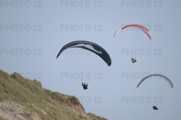 Three paragliders or paragliders in front of a blue sky over a dune landscape, near Hvide Sande, North Sea, Denmark