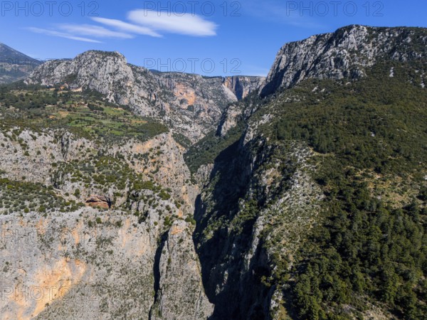 View of an extensive canyon landscape with rugged rocks and lush greenery, aerial view, Saklikent Gorge, Saklikent, Saklikent National Park, Antalya Province, Turkey