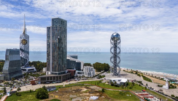Modern skyline of a city on the coast with impressive skyscrapers and sea view, aerial view, Batumi Tower with Ferris wheel, skyscraper, Porta Batumi Tower and Alphabetic Tower, tower of the Georgian alphabet, Batumi, Black Sea, Adjara region, Adjara, autonomous republic, Georgia