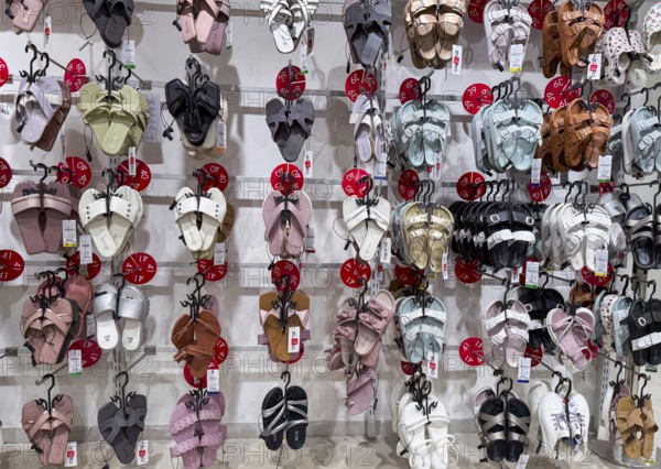 Sandals display at Zudio store in Guwahati, India, during a monsoon season sale on August 1, 2025