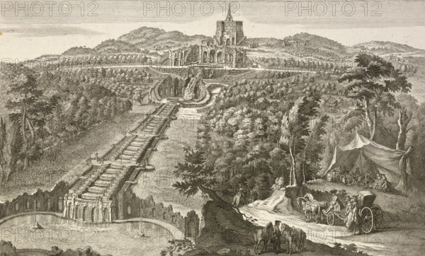 Grottoes and waterfalls, waterworks, Karlsberg, Kassel, Germany, around 1880, digitally restored reproduction of a 19th century illustration, historical, exact date unknown