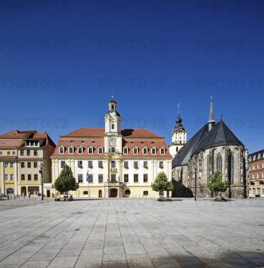 Baroque town hall, Protestant late Gothic St. Mary's Church, town church, and Mohren Pharmacy, market square, Weißenfels, Saxony-Anhalt, Germany