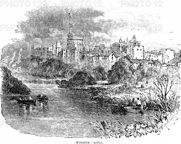 Windsor Castle, most important residence of Queen Victoria and Prince Albert, park, lake with rowing boats, reed banks, Victorian era, county of Berkshire, town of Windsor, England, historical illustration 1889