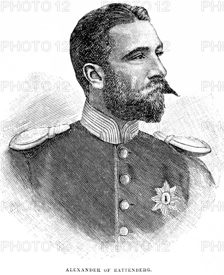 Portrait of Alexander von Battenberg (1857-1893) Prince of the Principality of Bulgaria, uniform, military medals, epaulettes, beard, Bulgaria, historical illustration 1889