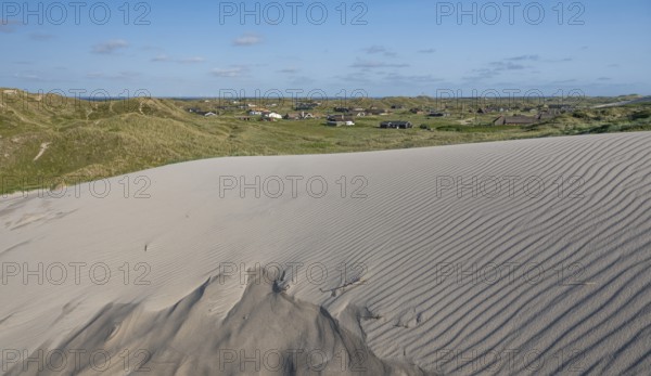 Dunes, wave pattern in the sand, holiday settlement, blue sky, Hvide Sande, North Sea, Denmark