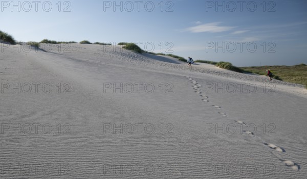 Sandy dune landscape, footprints, holidaymakers, blue sky, Hvide Sande, North Sea, Denmark