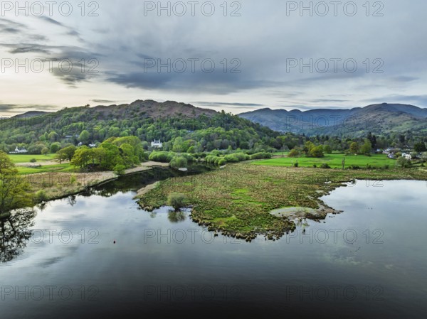 Sunset over Windermere Lake from a drone, Ambleside, Lake District, Cumbria, England, United Kingdom