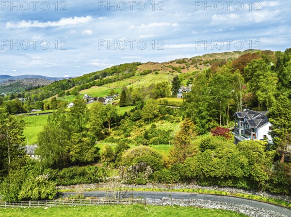 Farms and Fields from a drone, Townend house, Troutbeck, Windermere, Lake District, Cumbria, UK