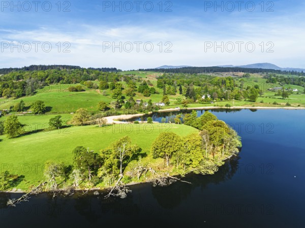Farms over Esthwaite Water from drone, Lake District National Park, Cumbria, UK