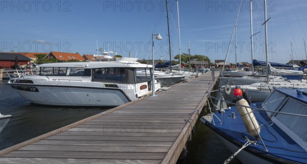 Boats and yachts at the jetty in a harbour, Ringkøbing, Ringkøbing Fjord, Denmark