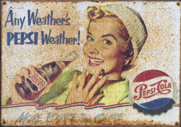 Vintage Pepsi advertising sign showing smiling woman in nostalgic style, Ringkøbing, Ringkøbing Fjord, Denmark