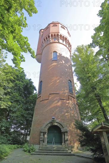 Red round water tower built in 1913, view upwards, Mölln, Schleswig-Holstein, Germany