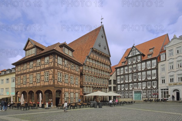 Historic brick house built in 1800, bonecutter's office house built in 1529 and rococo house, half-timbered houses, gable, brick building, bonecutter, market square, Hildesheim, Lower Saxony, Germany