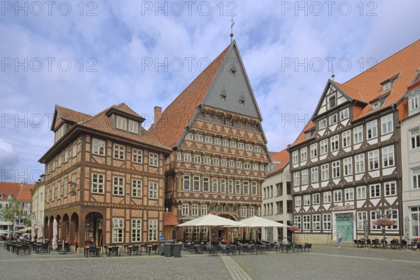 Historic brick house built in 1800, bonecutter's office house built in 1529 and rococo house, half-timbered houses, brick building, gable, bonecutter, market square, Hildesheim, Lower Saxony, Germany