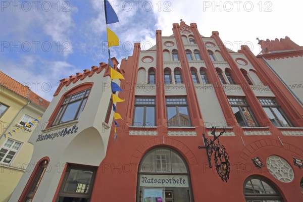 Ratsapotheke, view upwards, inscription, Wismar, Mecklenburg-Western Pomerania, Germany