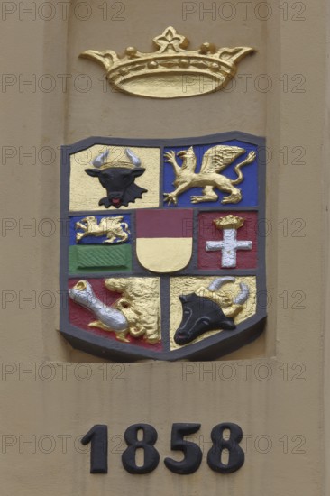 Coat of arms with date on the World Heritage House, built in 1858, former main guard, crown, detail, Wismar, Mecklenburg-Western Pomerania, Germany
