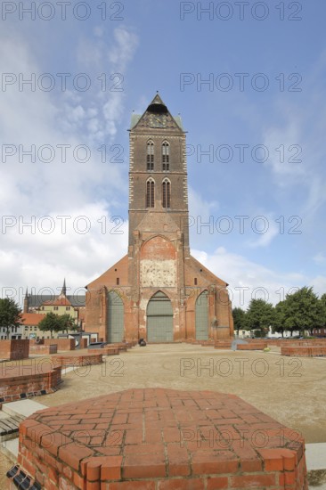 Gothic St Mary's Church tower without nave, brick church, Wismar, Mecklenburg-Western Pomerania, Germany