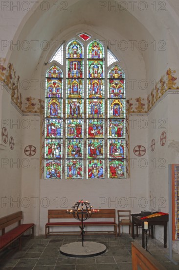 Colourful church window by Master Bertram built 14th century, interior view, stained glass, arts and crafts, art, Heiligen-Geist-Kirche, Wismar, Mecklenburg-Vorpommern, Germany
