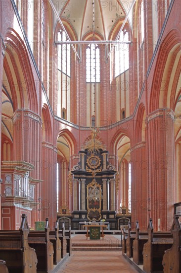 Interior view of the Gothic UNESCO St. Nikolai Church, chancel, Brick Gothic, Brick church, Wismar, Mecklenburg-Western Pomerania, Germany